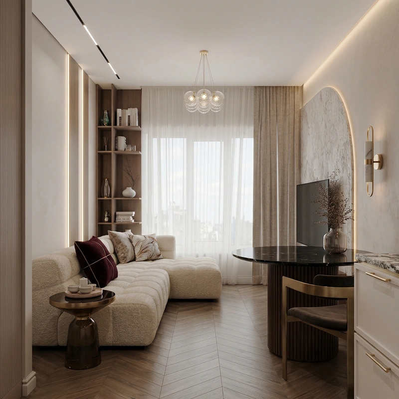 Дизайн гостиной в стиле Контемпорари — фото интерьера от нейросети RoomGPT