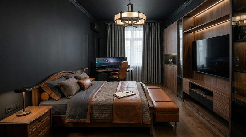 Дизайн спальни в стиле Блэктэк — фото интерьера от нейросети RoomGPT
