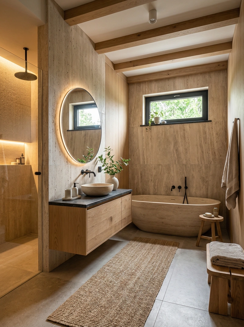 Дизайн ванной в стиле Japandi — фото интерьера от нейросети RoomGPT