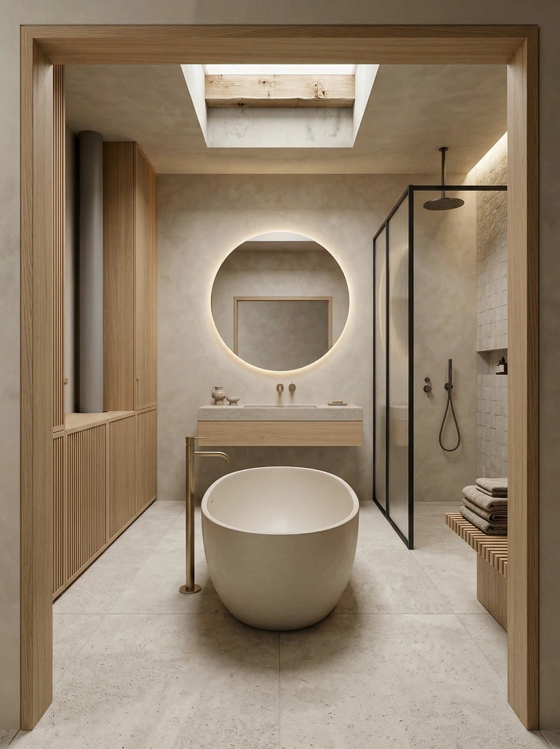 Дизайн ванной в стиле Japandi — фото интерьера от нейросети RoomGPT