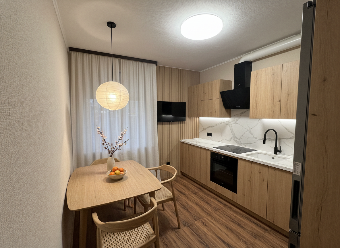 Дизайн кухни в стиле Japandi — фото интерьера от нейросети RoomGPT