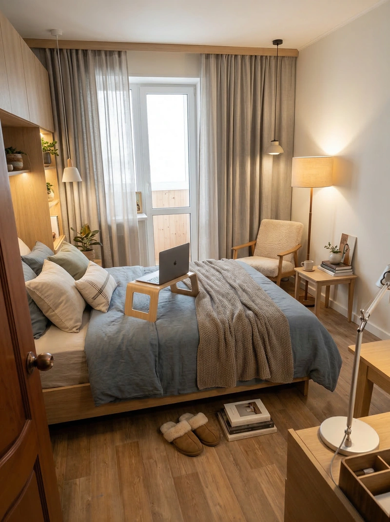 Дизайн спальни в стиле Хюгге — фото интерьера от нейросети RoomGPT