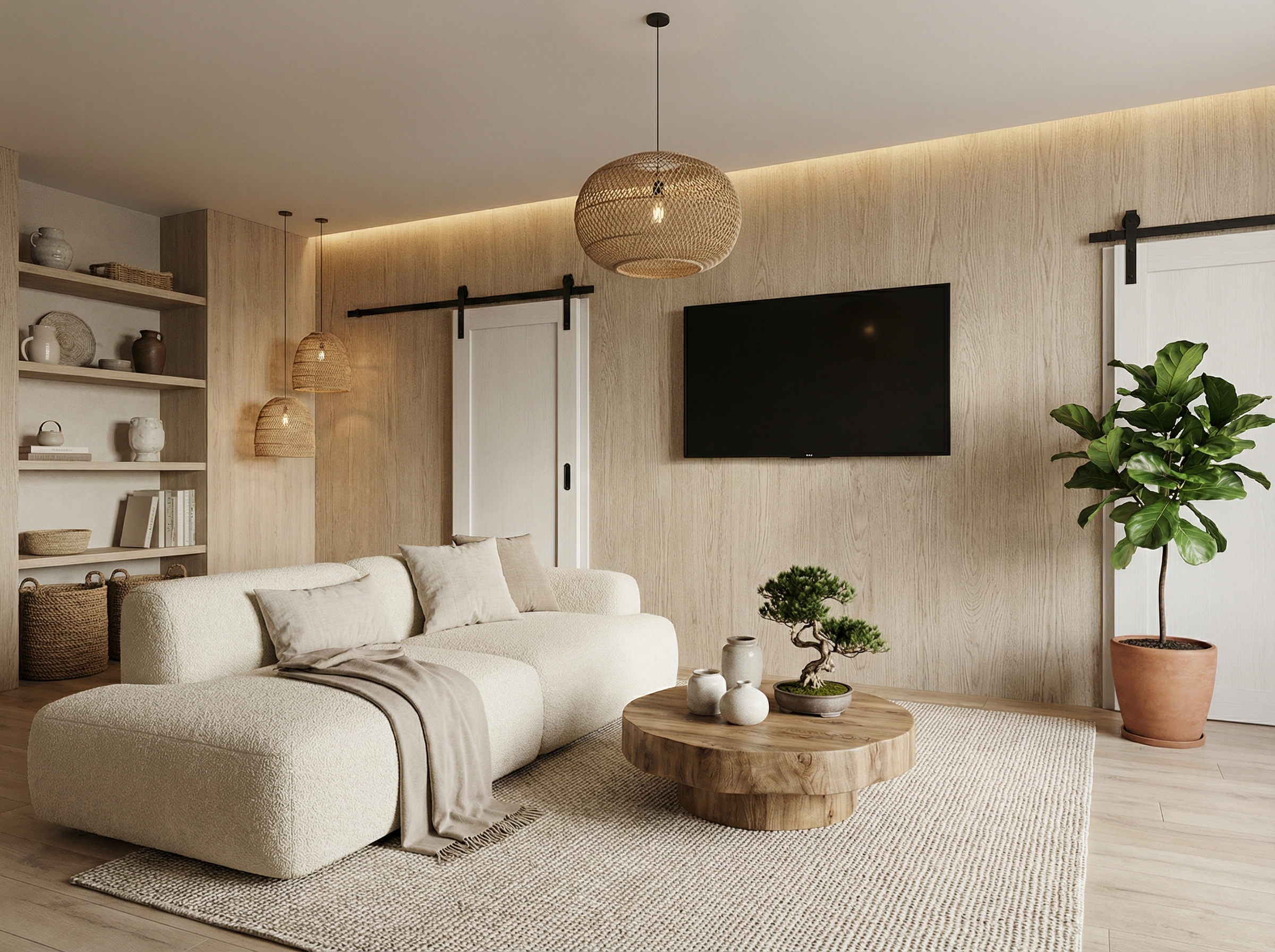 Дизайн гостиной в стиле Japandi — фото интерьера от нейросети RoomGPT