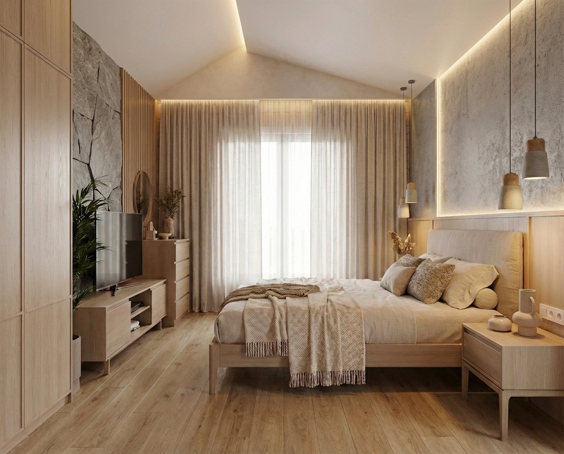 Дизайн спальни в стиле Japandi — фото интерьера от нейросети RoomGPT