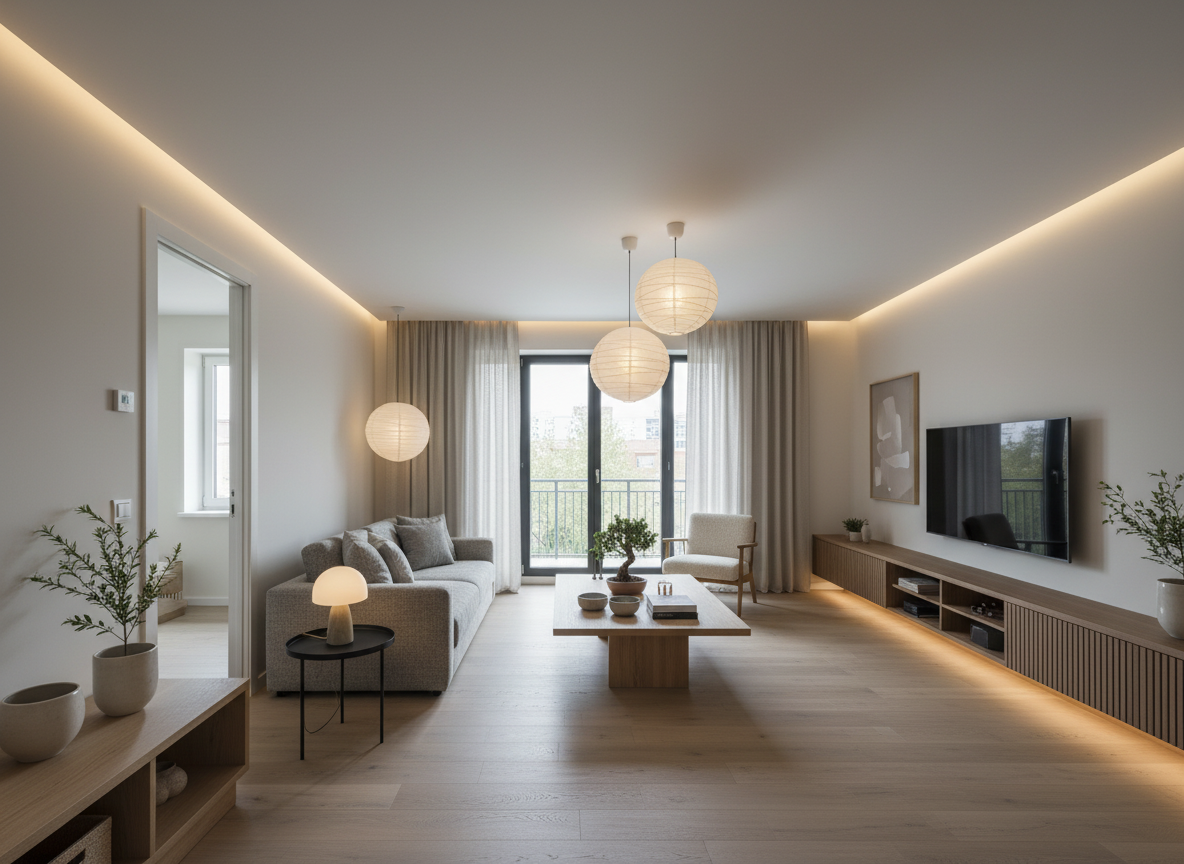 Дизайн гостиной в стиле Japandi — фото интерьера от нейросети RoomGPT