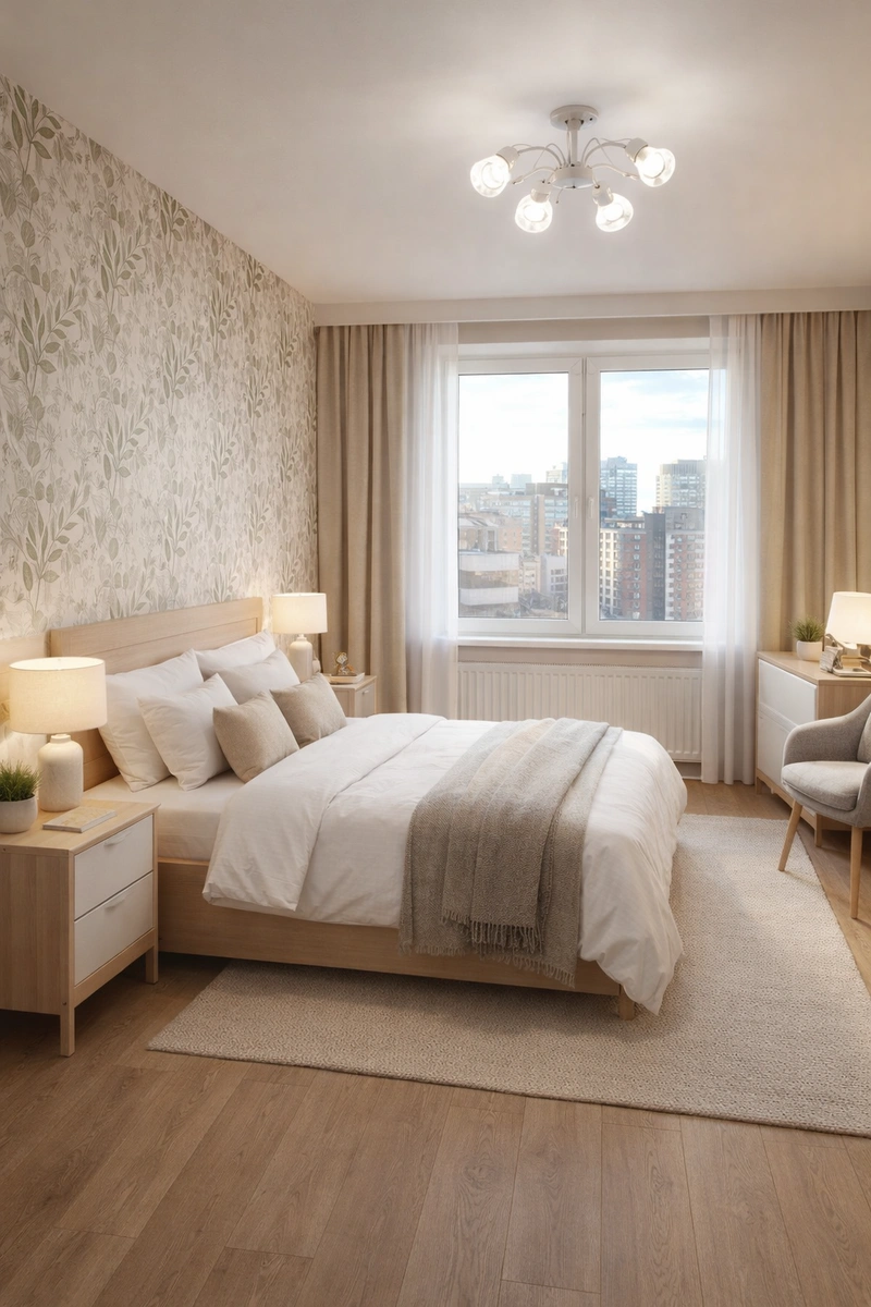 Дизайн спальни в стиле Сканди — фото интерьера от нейросети RoomGPT
