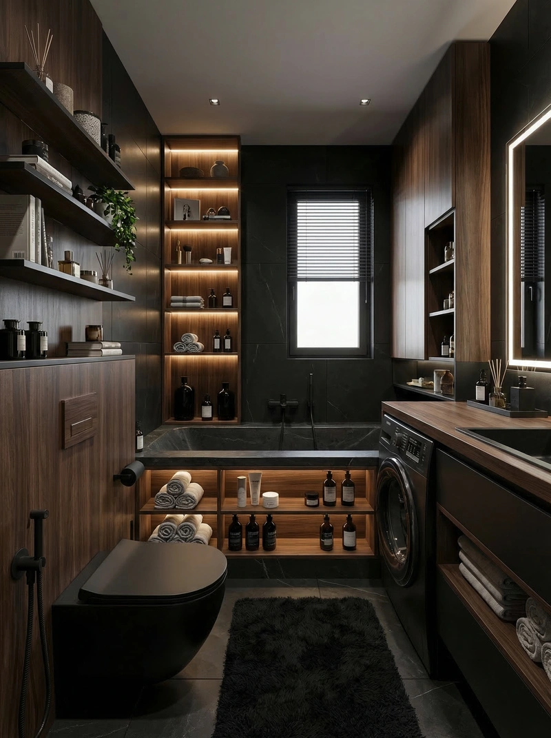 Дизайн ванной в стиле Блэктэк — фото интерьера от нейросети RoomGPT