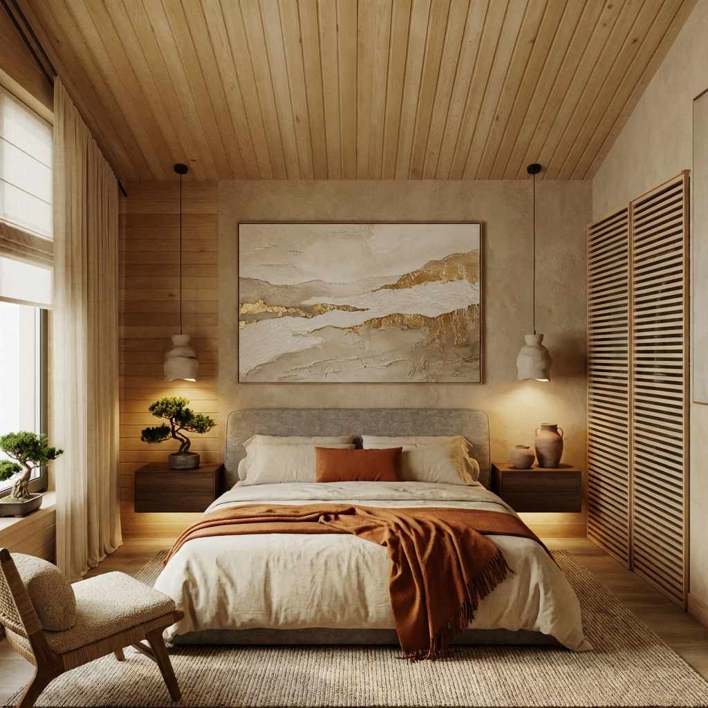 Дизайн спальни в стиле Japandi — фото интерьера от нейросети RoomGPT