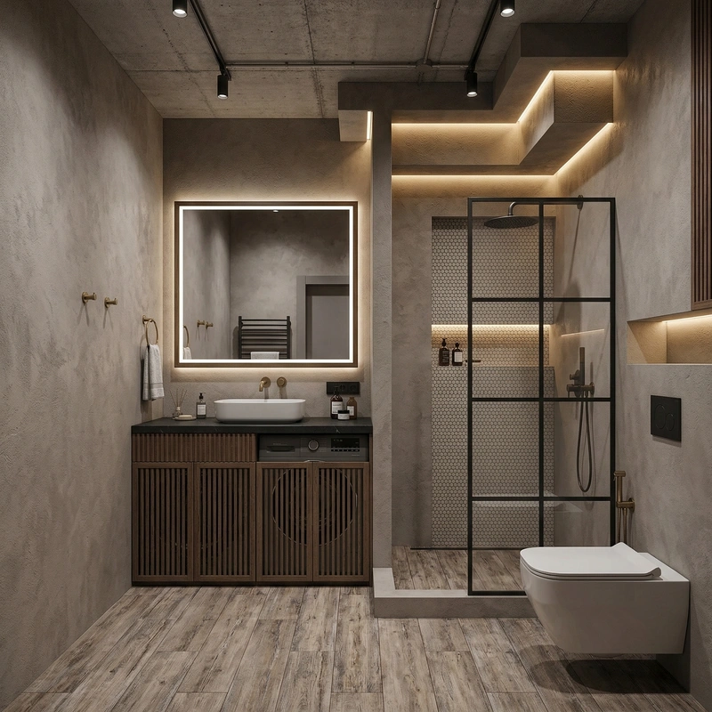 Дизайн ванной в стиле Лофт — фото интерьера от нейросети RoomGPT