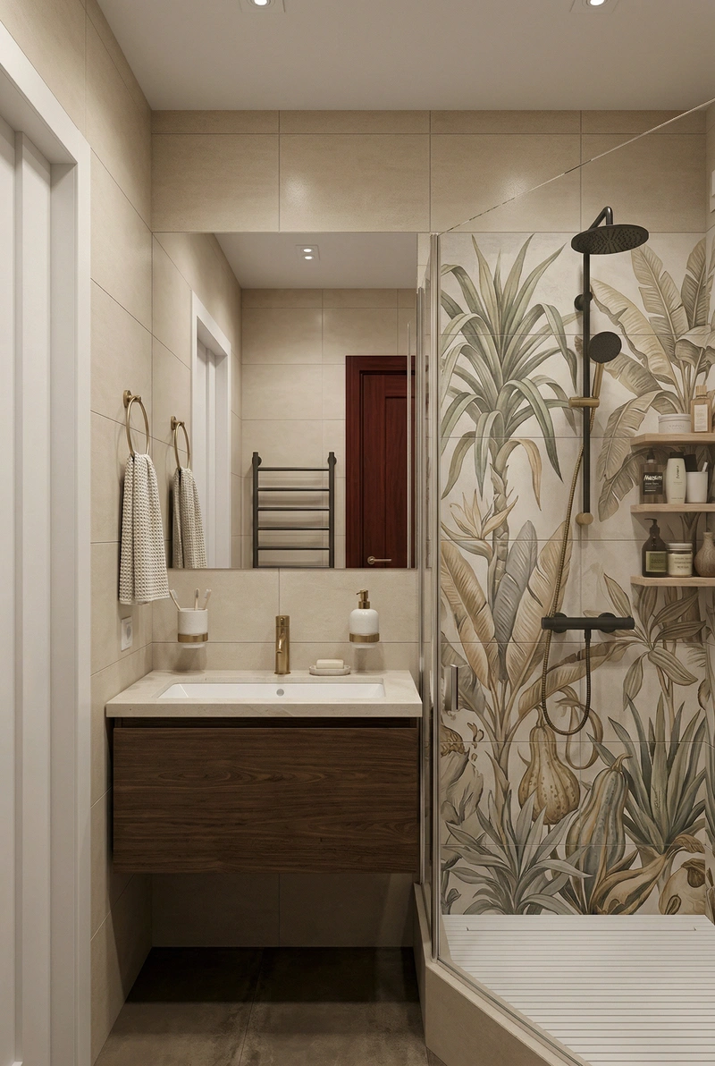 Дизайн ванной в стиле Japandi — фото интерьера от нейросети RoomGPT