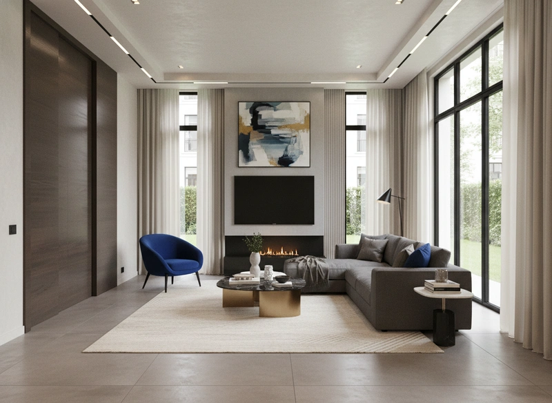 Дизайн интерьера в стиле Контемпорари — Гостиная от нейросети RoomGPT