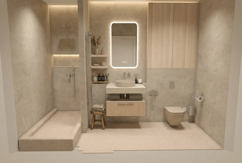 Дизайн ванной в стиле Japandi — фото интерьера от нейросети RoomGPT