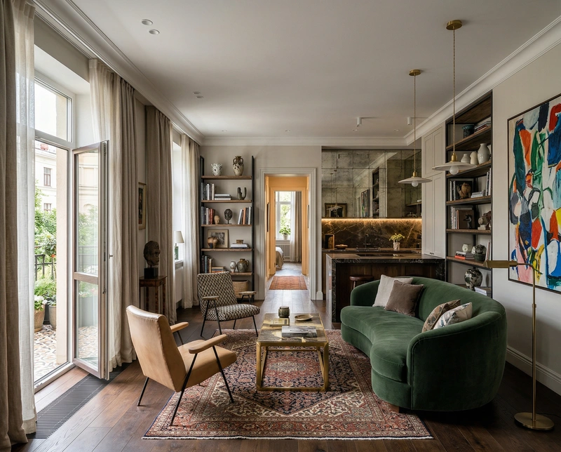 Дизайн гостиной в стиле Эклектика — фото интерьера от нейросети RoomGPT