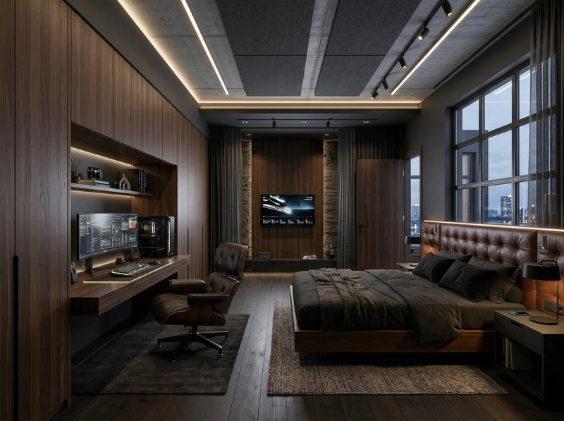 Дизайн спальни в стиле Блэктэк — фото интерьера от нейросети RoomGPT