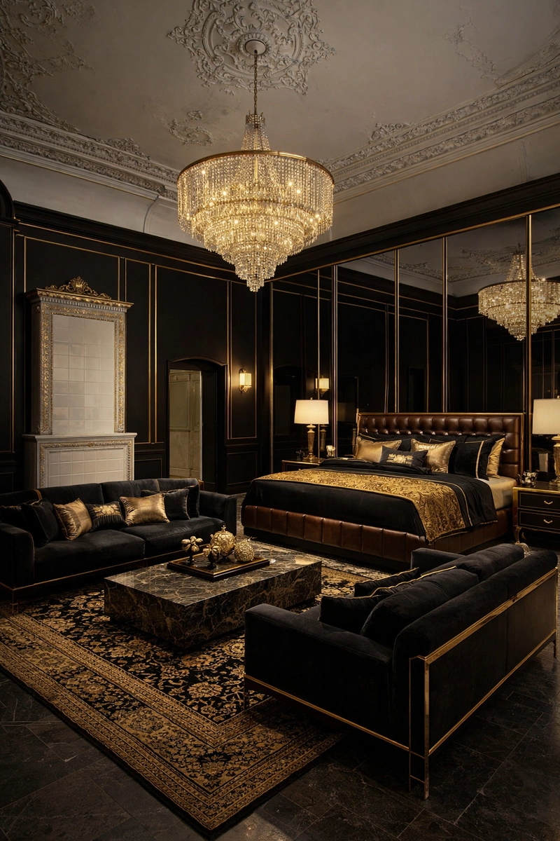 Дизайн спальни в стиле Блэктэк — фото интерьера от нейросети RoomGPT