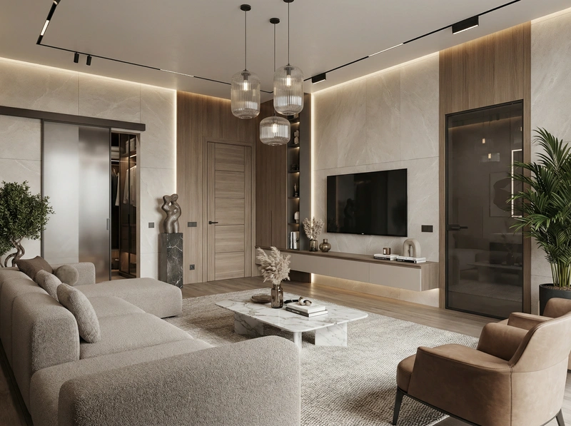 Дизайн интерьера в стиле Контемпорари — Гостиная от нейросети RoomGPT