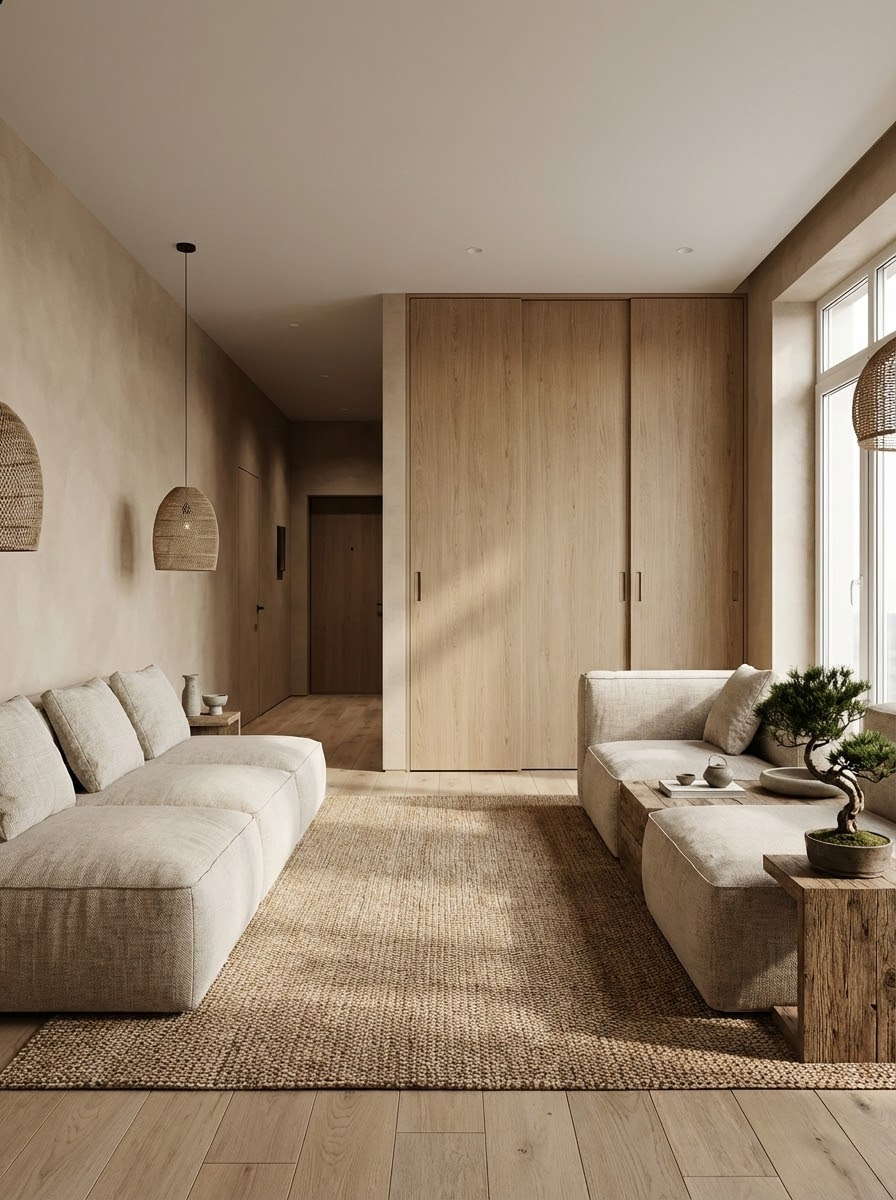 Дизайн гостиной в стиле Japandi — фото интерьера от нейросети RoomGPT