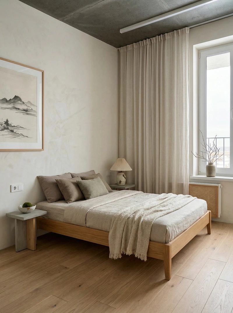 Дизайн спальни в стиле Japandi — фото интерьера от нейросети RoomGPT