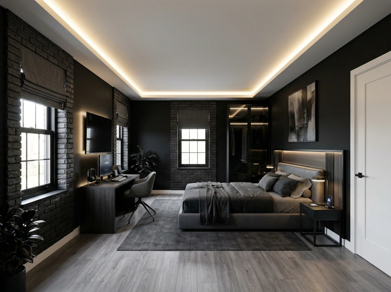 Дизайн спальни в стиле Блэктэк — фото интерьера от нейросети RoomGPT