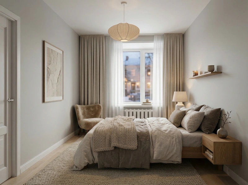 Дизайн спальни в стиле Хюгге — фото интерьера от нейросети RoomGPT