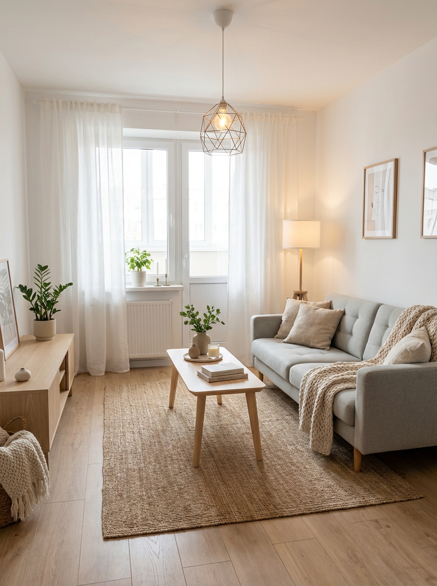 Дизайн гостиной в стиле Хюгге — фото интерьера от нейросети RoomGPT