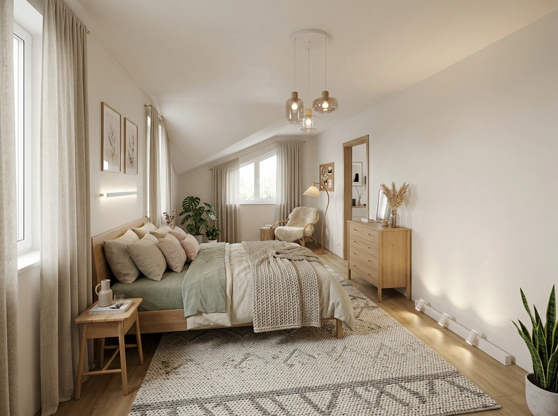 Дизайн спальни в стиле Хюгге — фото интерьера от нейросети RoomGPT