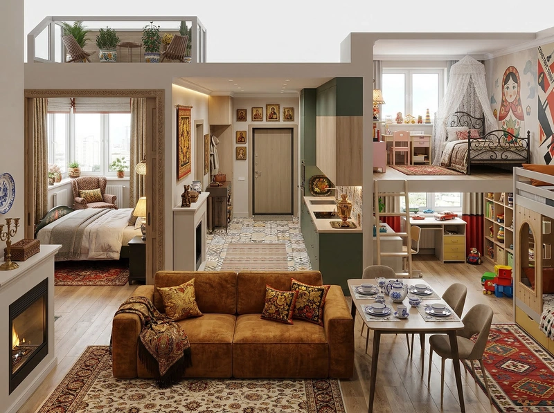 Дизайн гостиной в стиле Эклектика — фото интерьера от нейросети RoomGPT