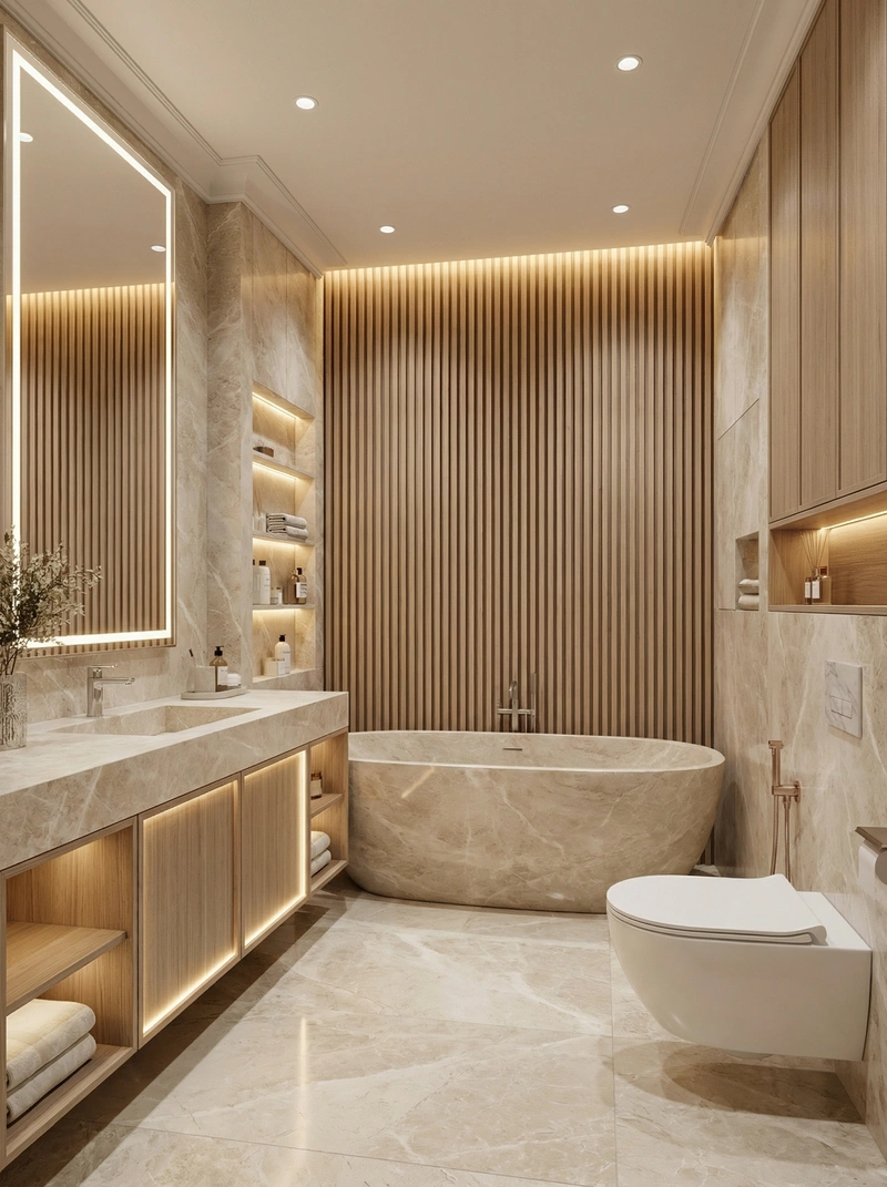 Дизайн ванной в стиле Неоклассика — фото интерьера от нейросети RoomGPT