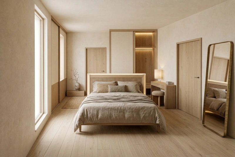 Дизайн спальни в стиле Japandi — фото интерьера от нейросети RoomGPT