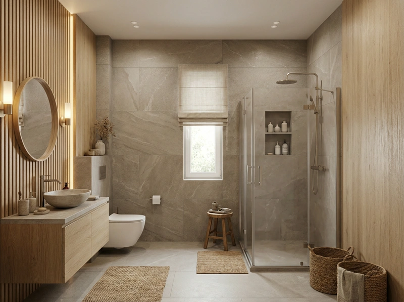 Дизайн ванной в стиле Japandi — фото интерьера от нейросети RoomGPT