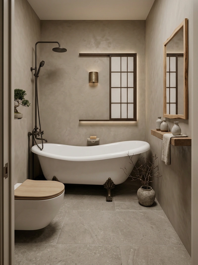 Дизайн ванной в стиле Japandi — фото интерьера от нейросети RoomGPT