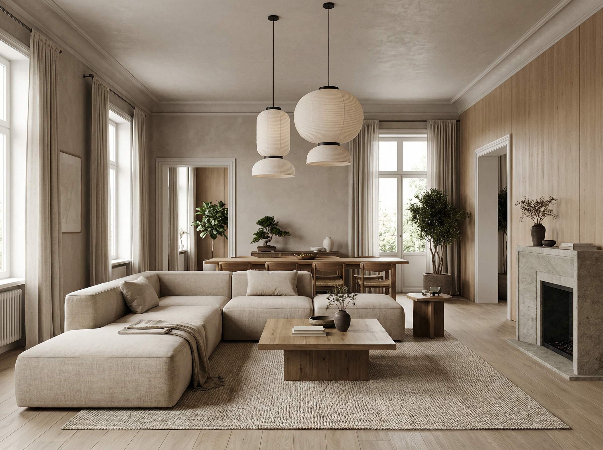 Дизайн гостиной в стиле Japandi — фото интерьера от нейросети RoomGPT