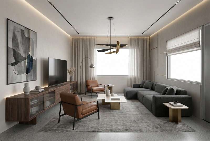 Дизайн интерьера в стиле Контемпорари — Гостиная от нейросети RoomGPT