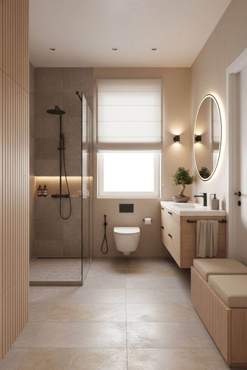 Дизайн ванной в стиле Japandi — фото интерьера от нейросети RoomGPT