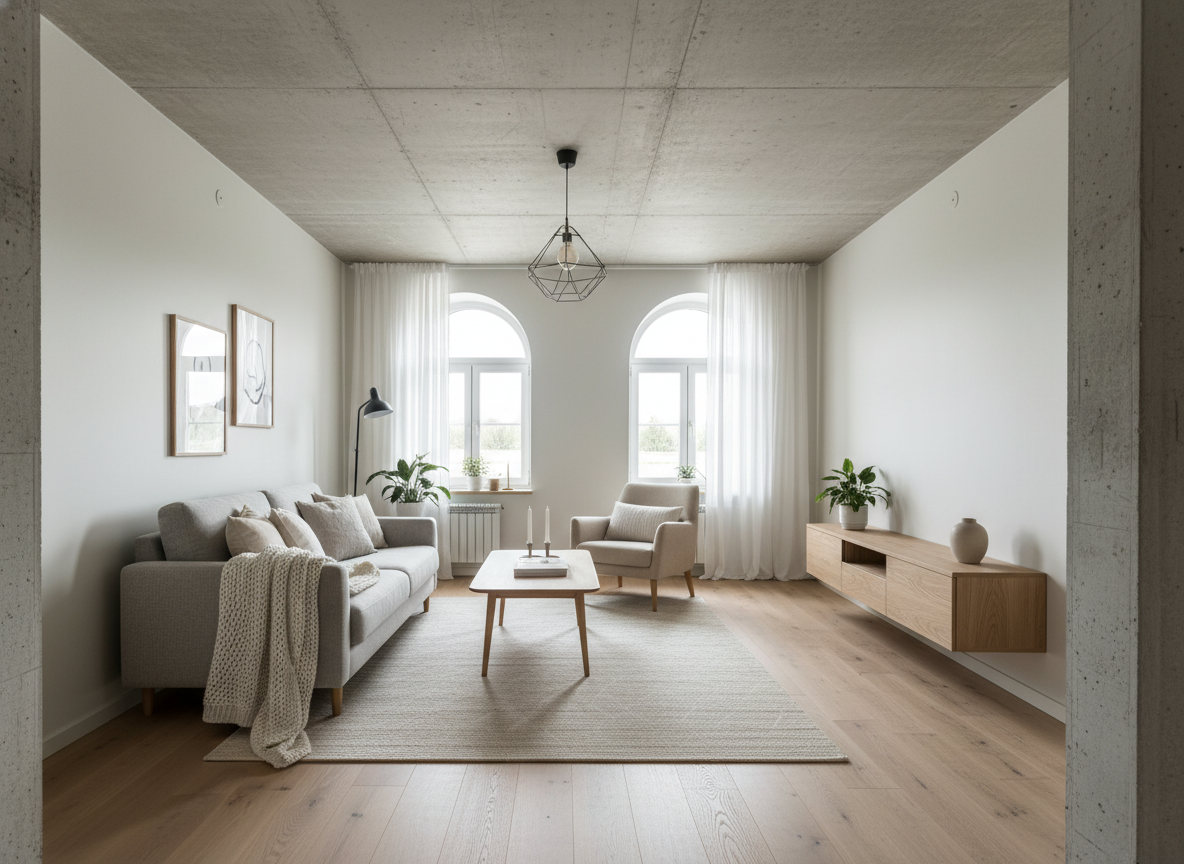 Дизайн гостиной в стиле Хюгге — фото интерьера от нейросети RoomGPT