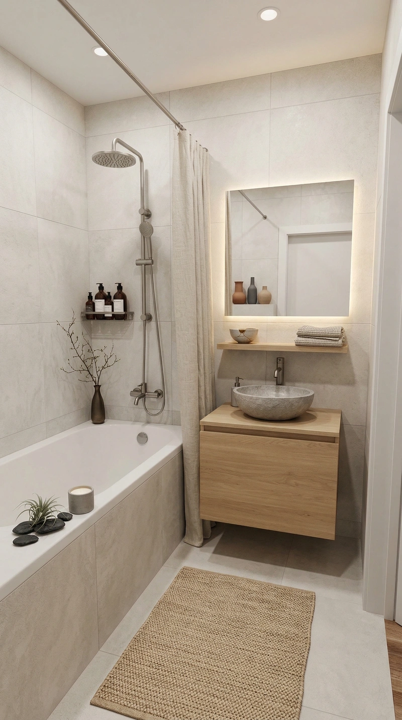 Дизайн ванной в стиле Japandi — фото интерьера от нейросети RoomGPT