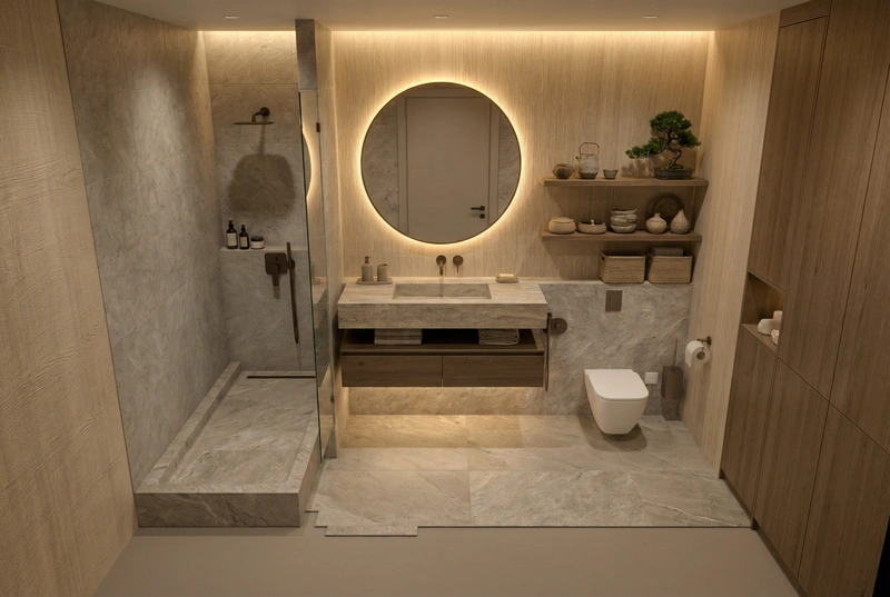 Дизайн ванной в стиле Japandi — фото интерьера от нейросети RoomGPT