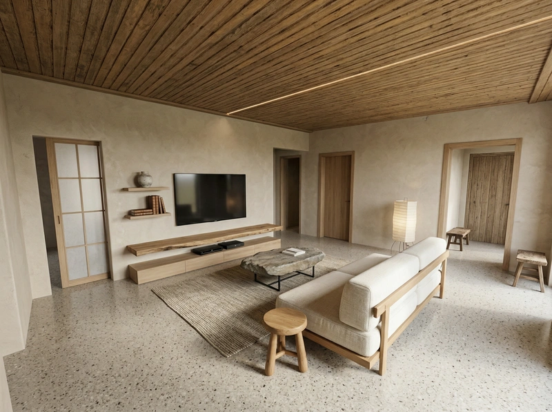 Дизайн гостиной в стиле Japandi — фото интерьера от нейросети RoomGPT