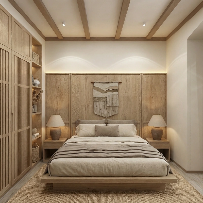 Дизайн спальни в стиле Japandi — фото интерьера от нейросети RoomGPT