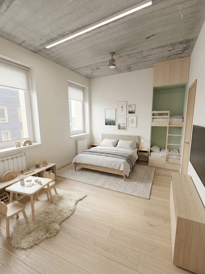 Дизайн спальни в стиле Сканди — фото интерьера от нейросети RoomGPT