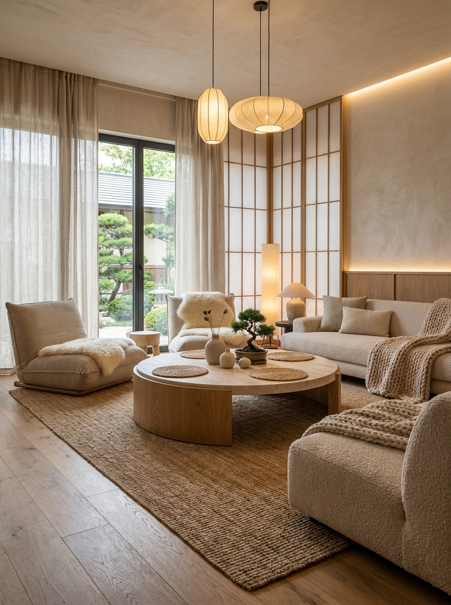 Дизайн гостиной в стиле Japandi — фото интерьера от нейросети RoomGPT