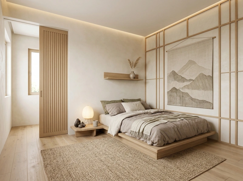 Дизайн спальни в стиле Japandi — фото интерьера от нейросети RoomGPT