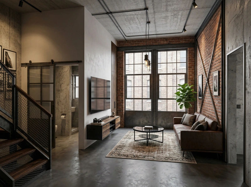Дизайн гостиной в стиле Лофт — фото интерьера от нейросети RoomGPT