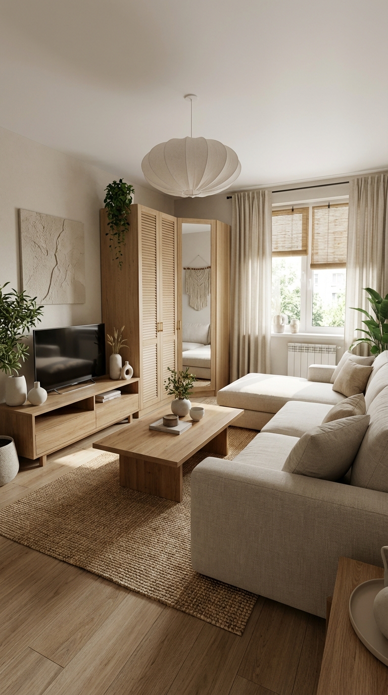 Дизайн гостиной в стиле Japandi — фото интерьера от нейросети RoomGPT