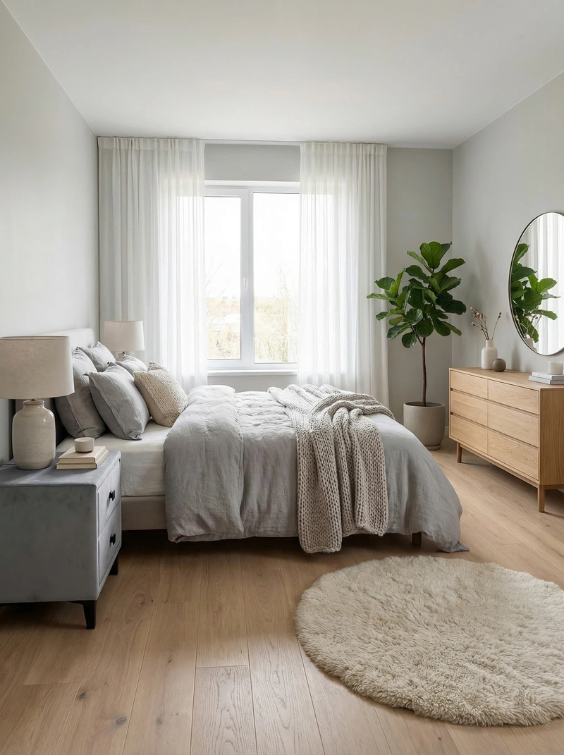 Дизайн спальни в стиле Сканди — фото интерьера от нейросети RoomGPT