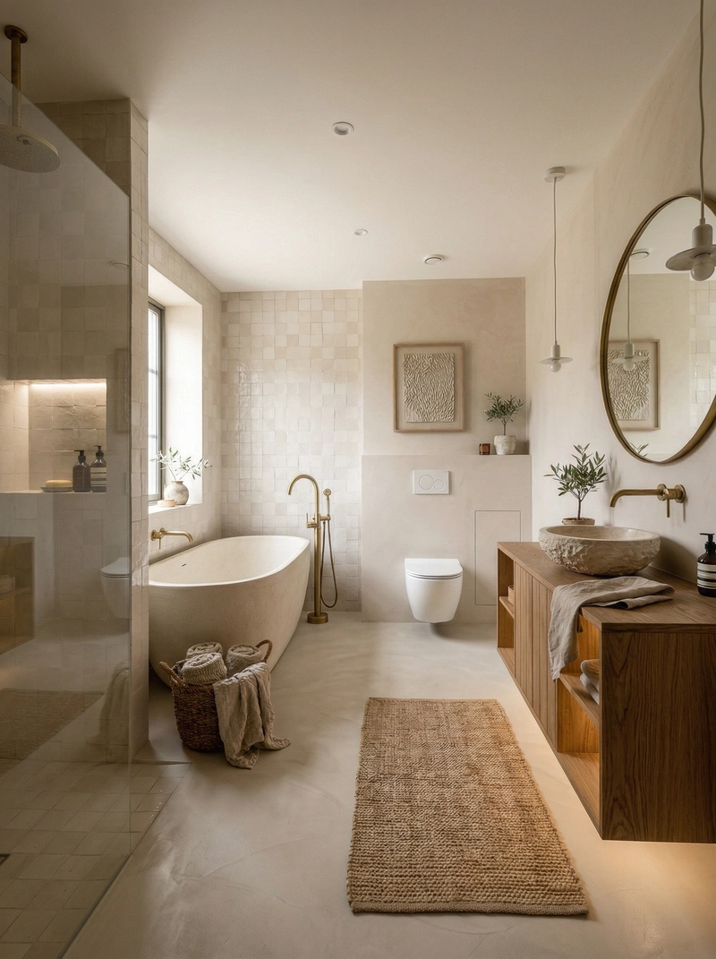 Дизайн ванной в стиле Japandi — фото интерьера от нейросети RoomGPT