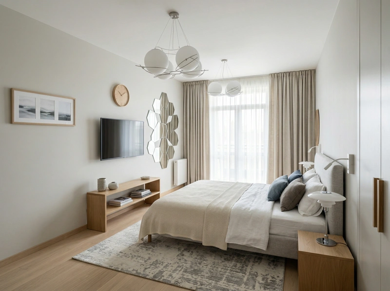 Дизайн спальни в стиле Сканди — фото интерьера от нейросети RoomGPT