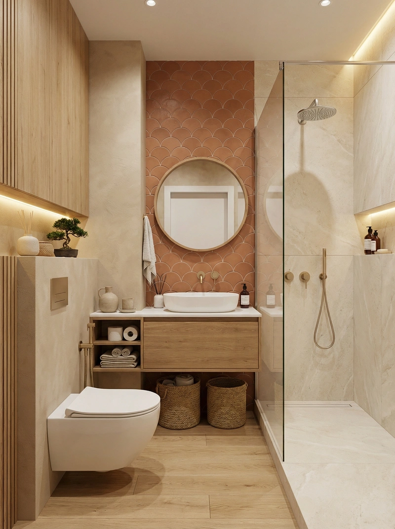 Дизайн ванной в стиле Japandi — фото интерьера от нейросети RoomGPT