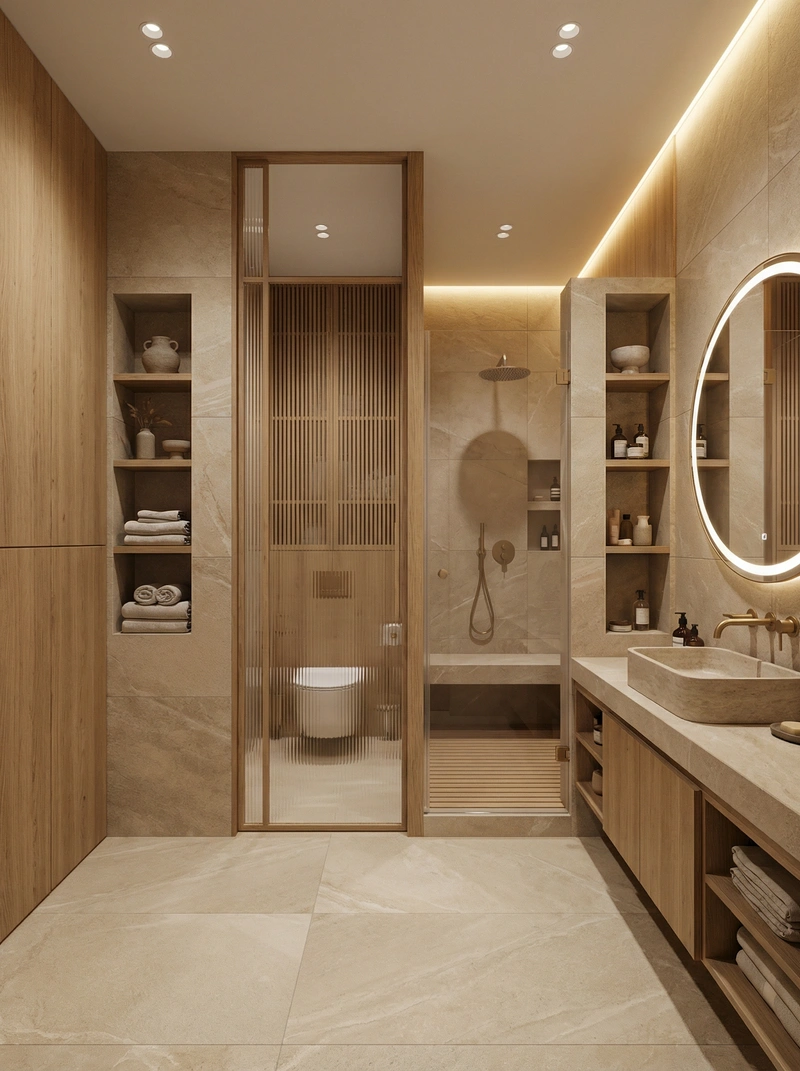Дизайн ванной в стиле Japandi — фото интерьера от нейросети RoomGPT