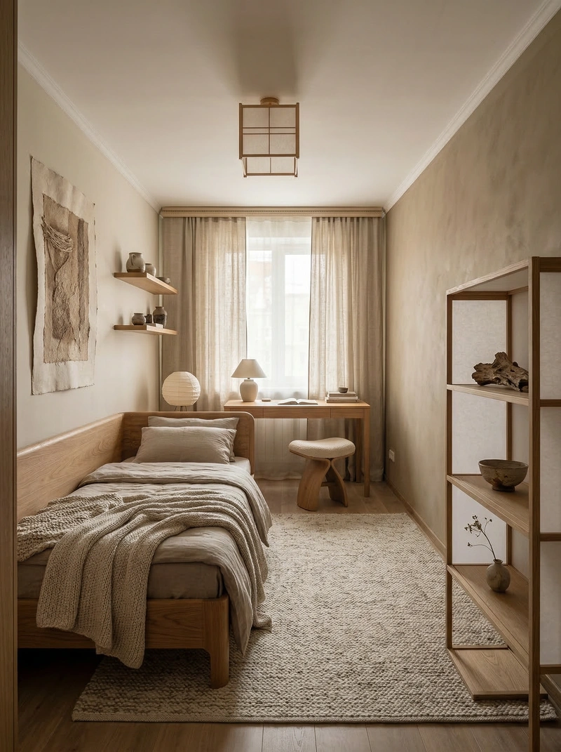 Дизайн спальни в стиле Japandi — фото интерьера от нейросети RoomGPT